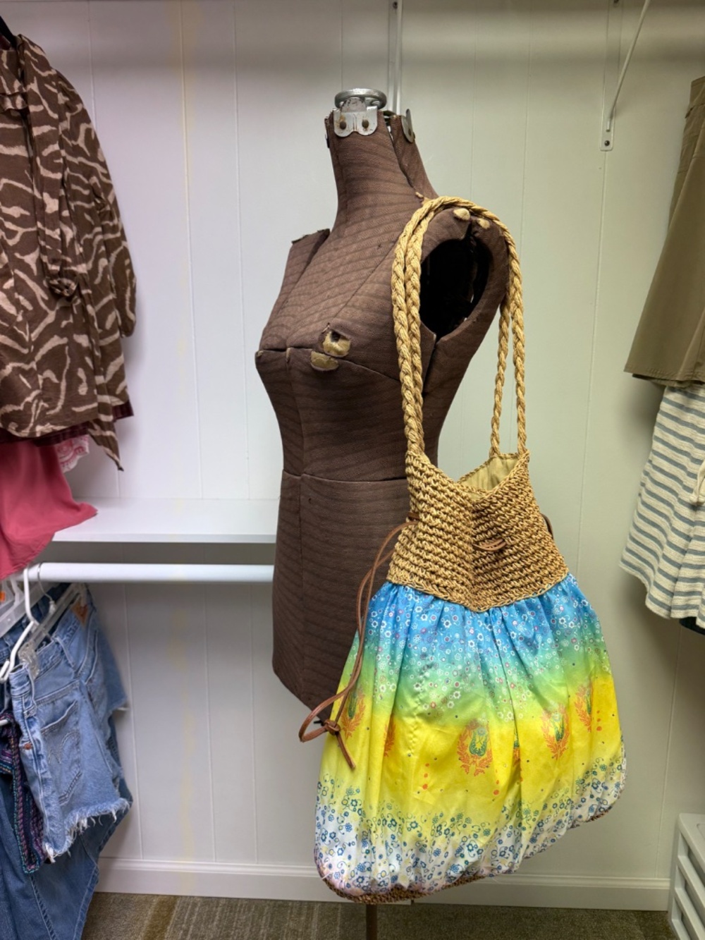 Cappelli Straworld Cloth & Woven Straw Tote Bag Boho Shoulder Bag
